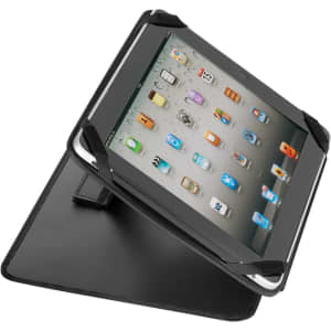 An iPad holder in black, featuring a sleek design and a supporting stand, with a logo present.