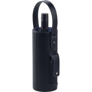 A drink bottle carrier in black, featuring a handle and side pocket, with contrasting stitching and a logo.