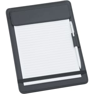 A5 black leather-look jotter featuring lined pages, a pen holder, and a secure flap closure. Includes branding.