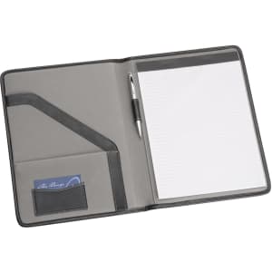 A4 pad cover in grey with a pen, lined notepad, and card pockets. The cover features contrasting stitching and a logo.