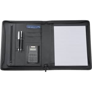 A4 bonded leather compendium in black, featuring pockets, a calculator, pens, and lined paper. Includes a logo.
