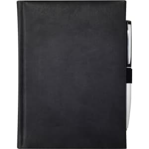 A black bound journal with a pen attached, featuring a smooth cover and a sleek design.