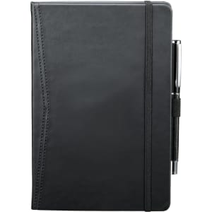 A black pocket bound journal with a pen attached, featuring a textured cover and an elastic band.