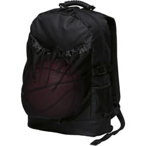 A black backpack with a mesh pocket holding a basketball. It features adjustable straps and has a logo.