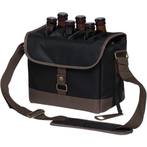 A drink bottle caddy cooler in black and brown holding five bottles, featuring a shoulder strap and a logo.