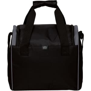 A black insulated cooler bag with two handles and a shoulder strap, featuring a textured design.