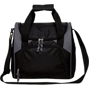 A black and grey insulated cooler bag with a shoulder strap and zippered compartments. It features a sturdy handle.