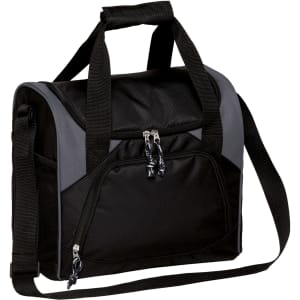 A black and grey cooler bag with handles and a detachable shoulder strap, featuring a front pocket and zippers.