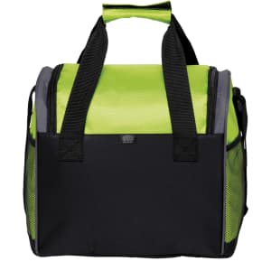 A bistro cooler featuring a vibrant green and black design, with sturdy handles and a zippered top.