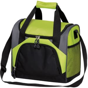 A drink bottle cooler bag in vibrant lime green and black, featuring a zippered main compartment and front pocket.