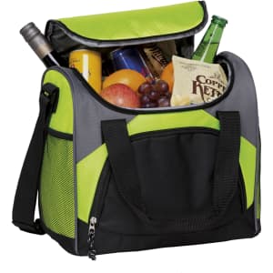 A drink cooler bag in black and vibrant green, filled with bottles, snacks, and fruit, featuring a zippered top.