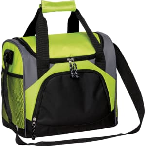A bistro cooler bag in bright green and black, featuring a mesh design and dual handles for easy carrying.
