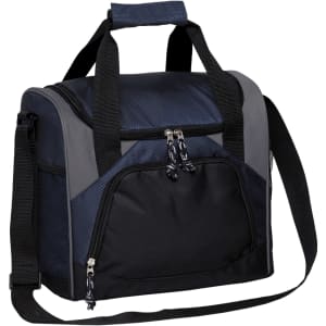 A cooler bag in navy and black, featuring a front pocket and an adjustable shoulder strap. It has a logo on the side.