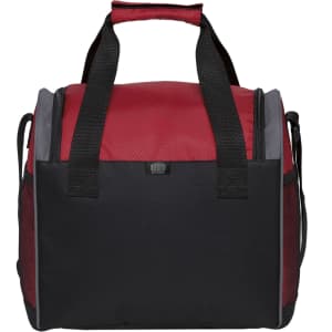 A drink cooler bag in red and black, featuring dual handles and a structured design with side mesh pockets.
