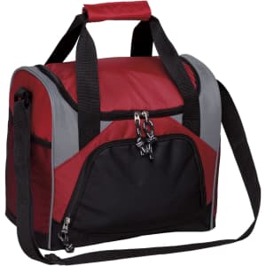 A drink cooler bag featuring a red and grey design, with black accents and a detachable shoulder strap.