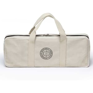 A beige canvas bag with two handles and a logo, designed for storing a quoits set.