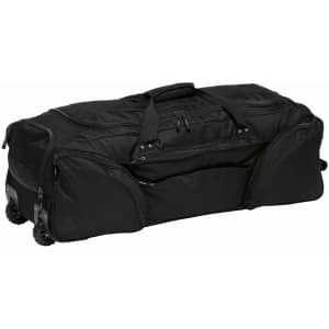 A large black wheeled travel bag with multiple compartments and sturdy handles. It features a logo on the side.