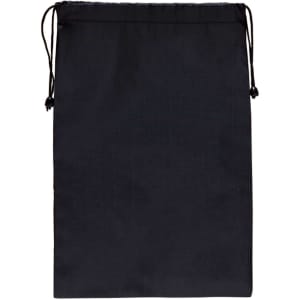A black drawstring bag with a simple design and adjustable ties at the top.