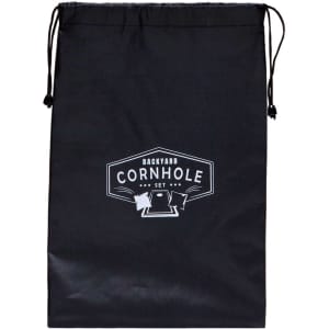 A black drawstring bag containing a Backyard Cornhole Set, featuring a logo on the front.