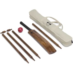 A brown wooden cricket bat, red ball, stumps, and a beige carry bag with a logo.