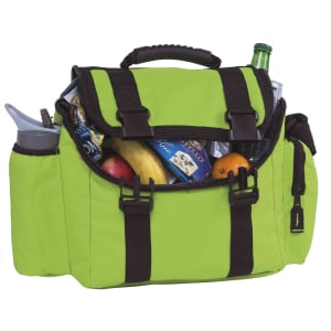 A green cooler bag with a black strap, filled with drinks, snacks, and fruit. It has a logo on the front.