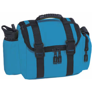 A drink bottle and a blue bag with various compartments and adjustable straps. The bag has a handle and a logo.