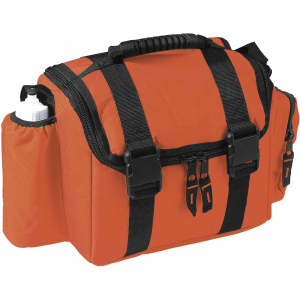 An orange promotional bag featuring black straps and a side pocket for a drink bottle. It has a sturdy handle and zippers.