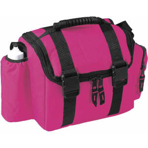 A pink cooler bag with black straps and buckles, featuring a side pocket for a drink bottle.