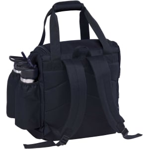 A black promotional product bag with adjustable straps and side pockets for drink bottles.