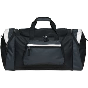 A black and grey duffle bag with multiple compartments and a prominent logo on the front.