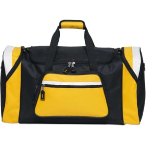 A black and yellow duffle bag with a front pocket and a logo. Handles are black with yellow accents.