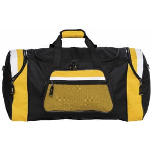 A black and yellow sports duffle bag with a mesh pocket and zippers, featuring a shoulder strap and handles.