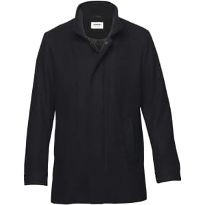 A dark navy wool jacket with a high collar and a front fastening, featuring side pockets and a brand logo.