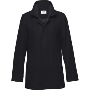 A black wool jacket with a collar and two side pockets, featuring a logo on the inner label.