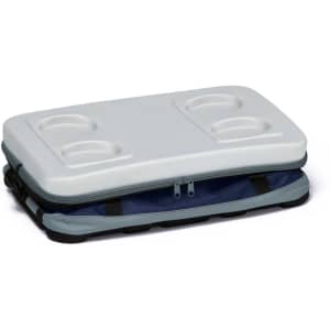 A grey EVA cooler with a blue base, featuring compartments on the top for drinks. It has a zip closure and straps.