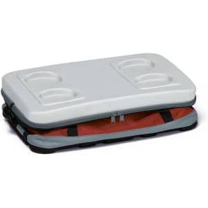 A cooler with a grey top and an orange base, featuring compartments for drinks, and a zipper closure.