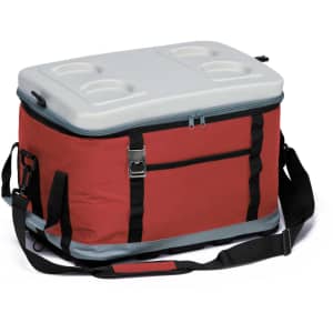 A red and grey cooler with a lid featuring cup holders and a shoulder strap, showcasing a logo on the side.