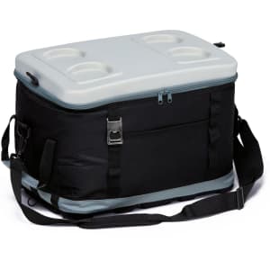A black cooler bag with a light grey lid featuring cup holders, equipped with a shoulder strap.