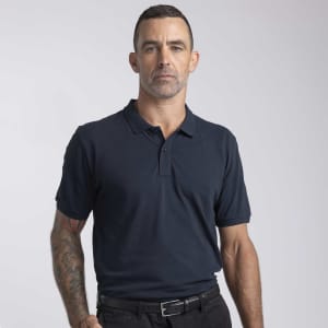 A navy blue men's polo shirt with a collar and short sleeves, featuring a logo on the chest.