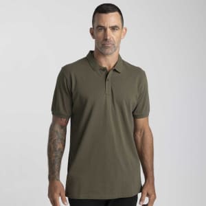 A men's polo shirt in olive green with a collar, short sleeves, and a fitted design. It features a logo.