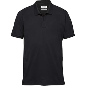 A navy polo shirt featuring a collar and short sleeves, with a logo on the chest.