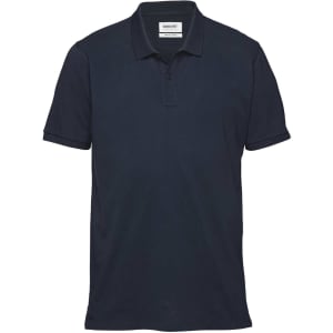 A dark navy men's polo shirt with a collar and short sleeves, featuring a logo on the chest.