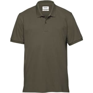 A men's polo shirt in olive green with a collar and short sleeves. It has a logo on the chest.