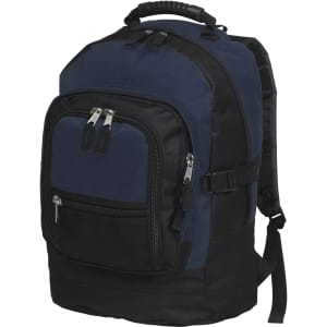 A navy and black backpack featuring a front pocket, side straps, and a padded handle on top. It has a logo.