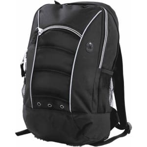 A black backpack with padded panels, featuring a zippered compartment and mesh side pockets. It has a logo on the front.