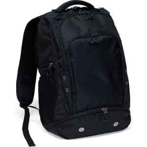 A black Grid-Lock Backpack with multiple zippers and pockets, featuring a smooth, textured design.