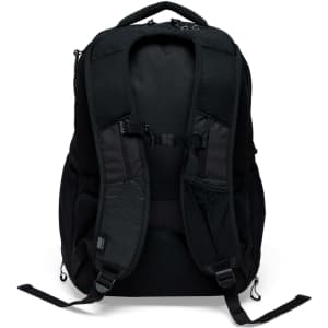 A black backpack featuring padded straps, mesh panels, and multiple pockets. It has a logo on the front.