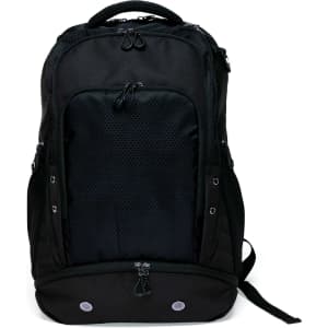 A black backpack with multiple compartments, zippers, and a mesh pocket on the front. It features a branding logo.