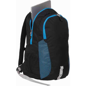 A black backpack with blue accents, featuring a mesh side pocket and a laptop tucked into the top compartment.