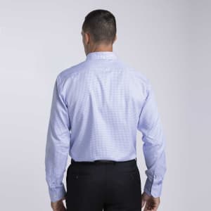 A men's button-up shirt in a light blue check pattern, featuring long sleeves and a collar. The shirt has a logo.